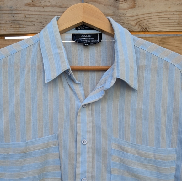 Vintage 80s Sears Men's Short Sleeved Button Down Shirt Large Blue Striped Blue - Picture 2 of 4